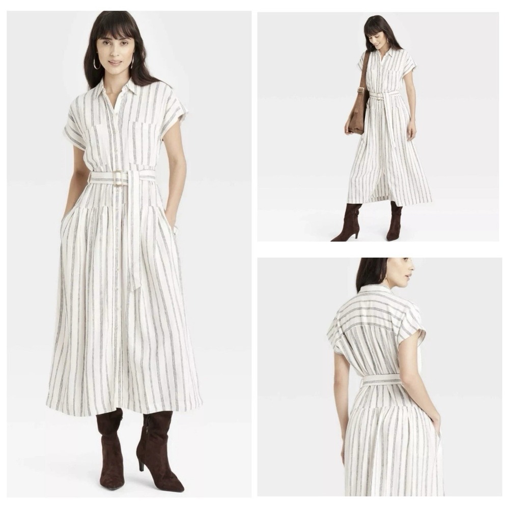 Striped Linen Shirt Dress Midi Button Down Belted Cap Sleeve White Black XXL